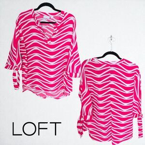 Women's Loft 3/4 Bell Tie Sleeve V Neck Pull Over Pink & White Blouse Large